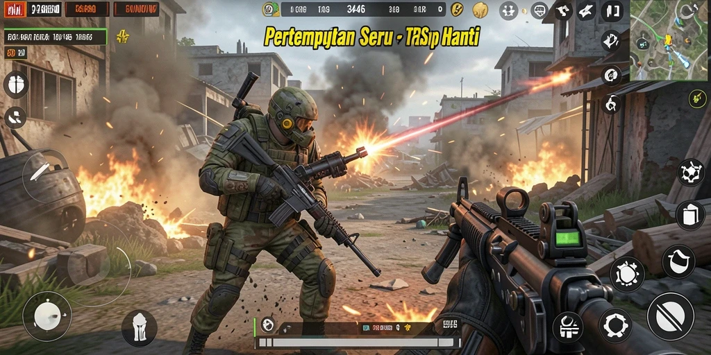 Screenshot gameplay TPS 3446 menampilkan aksi pertempuran yang mendebarkan.