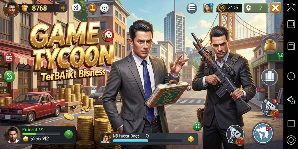 Tampilan gameplay yang menarik dari 8768, menunjukkan kegiatan manajerial di dunia Tycoon.