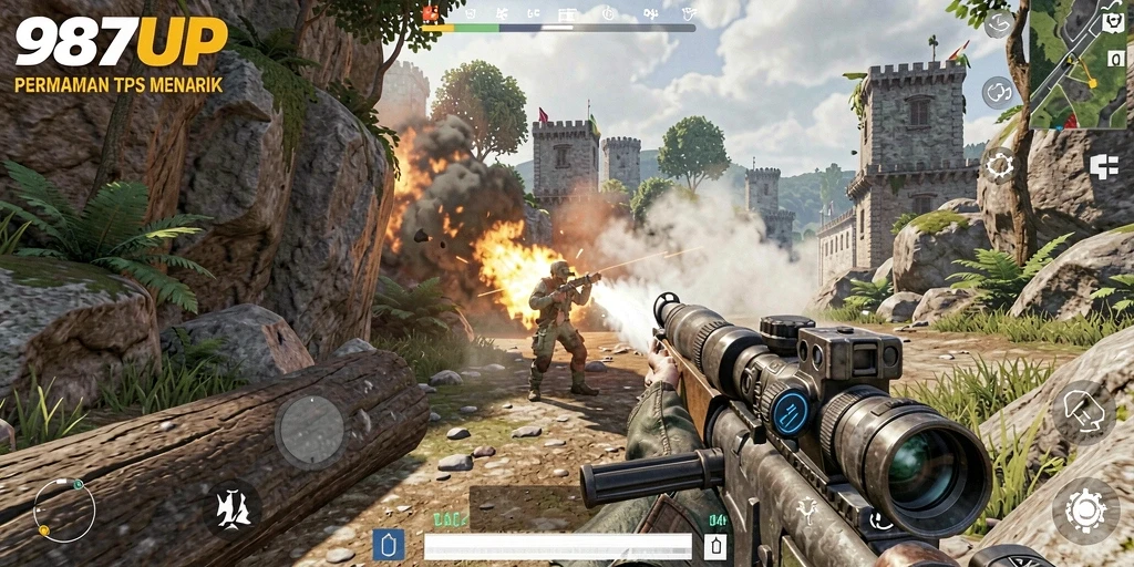 Screenshot gameplay <strong>987UP</strong> menampilkan aksi seru di medan perang TPS.