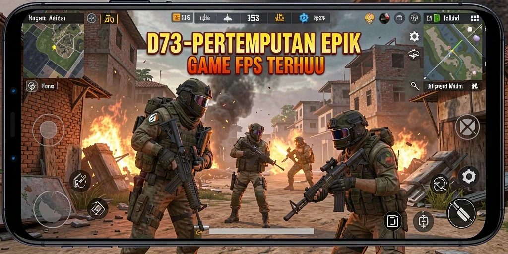 Screenshot D73 menampilkan aksi pertempuran yang mendebarkan dalam mode FPS.