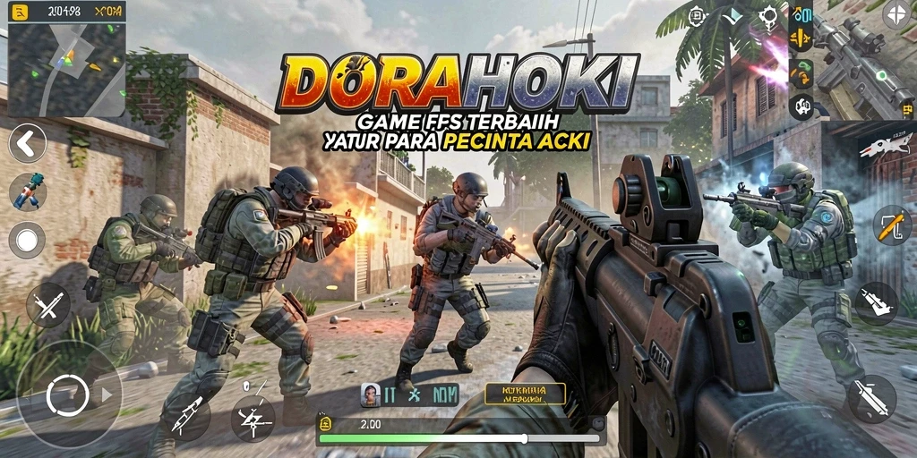 Screenshot DORAHOKI menampilkan aksi tembak-menembak yang intens.