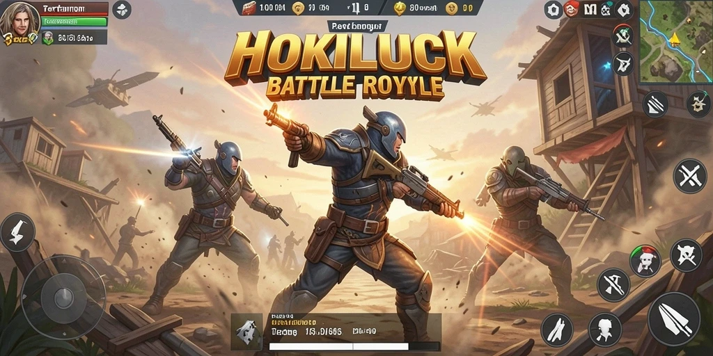 Tangkapan layar HOKILUCK menampilkan aksi pertempuran seru dalam game Battle Royale.