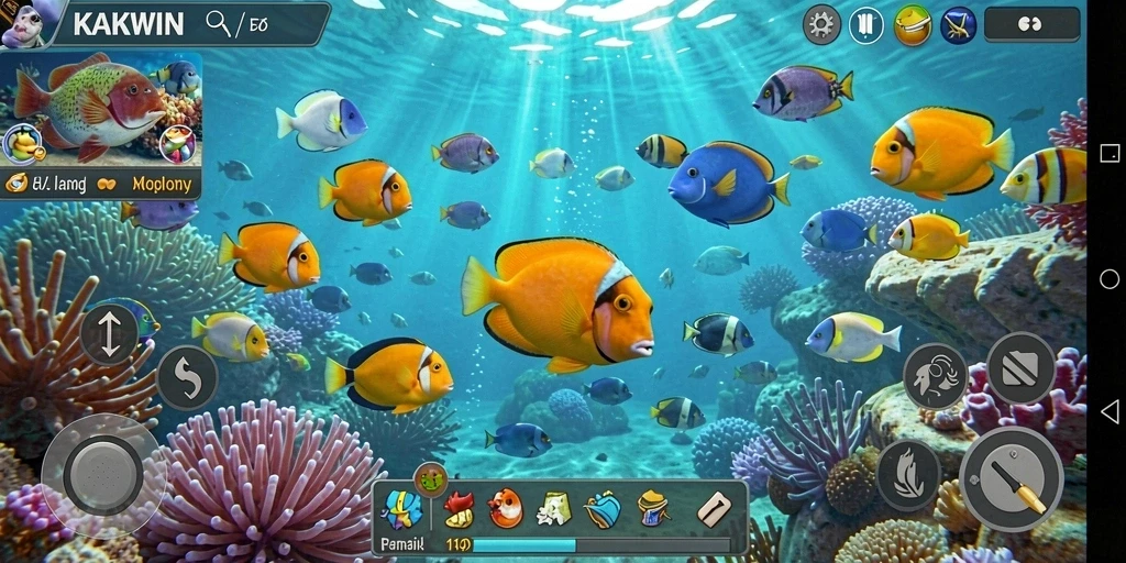 Tangkapan layar menunjukkan gameplay seru dalam KAKWIN saat menangkap ikan.