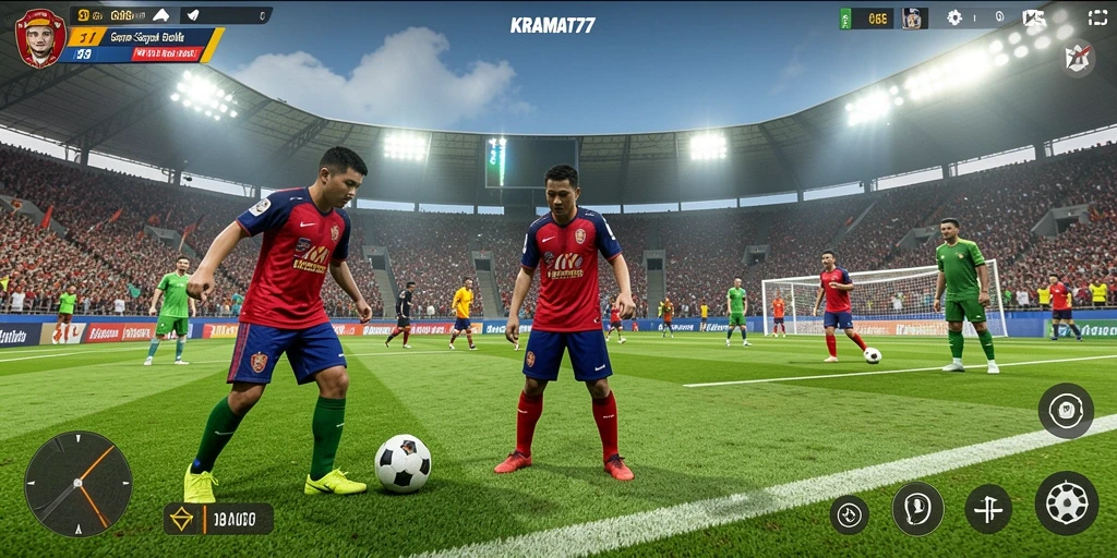 Tampilan gameplay KRAMAT77 dengan aksi seru sepak bola.