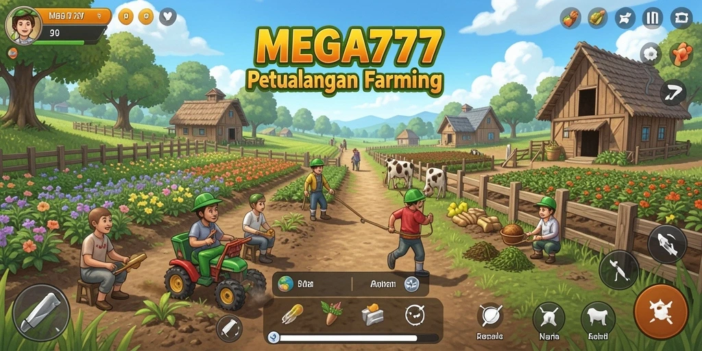 Tampilan menarik gameplay bertani di MEGA777 dengan berbagai tanaman dan hewan.
