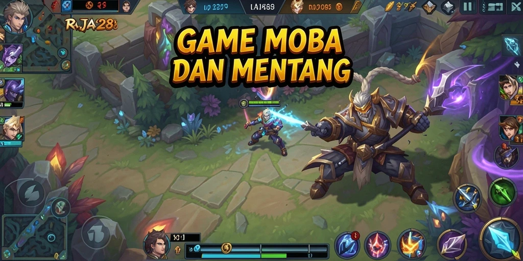Screenshot utama RAJA288 menampilkan pertarungan tim yang seru dalam game MOBA.