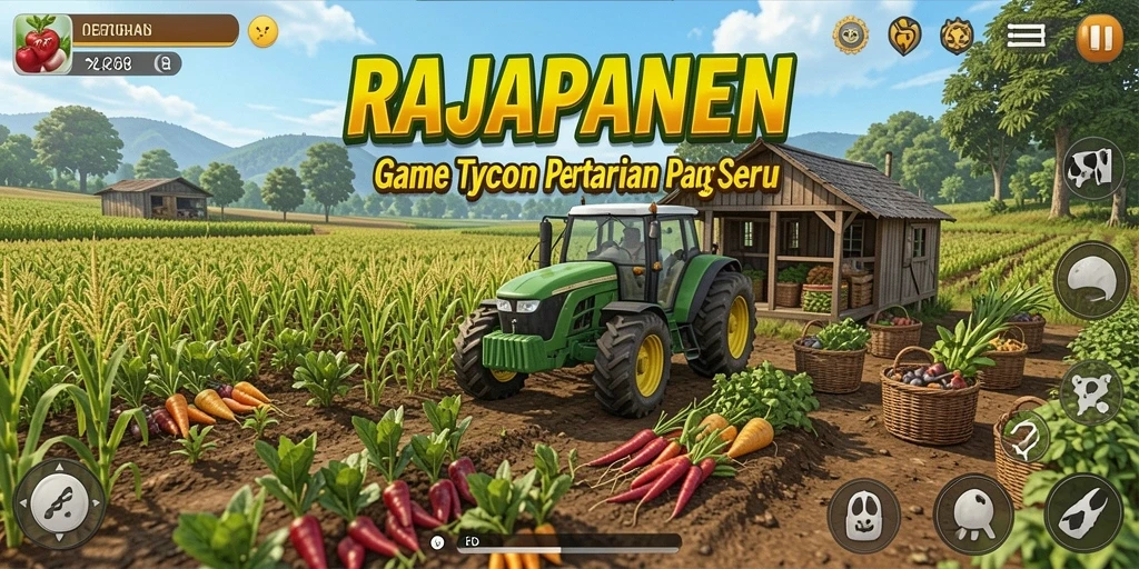 Tampilan gameplay RAJAPANEN dengan pertanian yang subur.