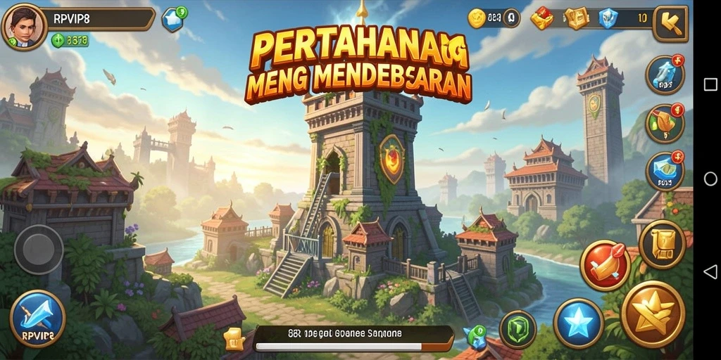 Tangkapan layar game RPVIP8 menampilkan aksi pertahanan menara yang intens.