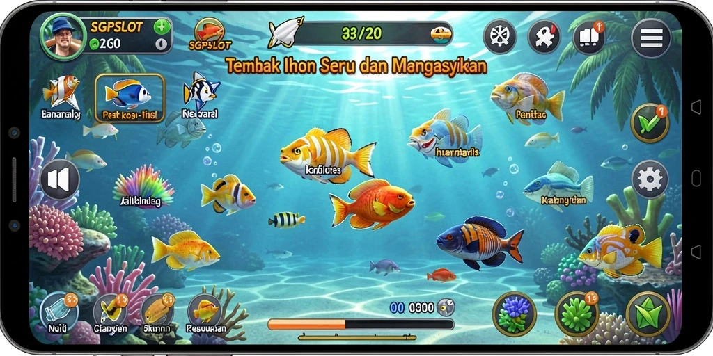 Gameplay seru SGPSLOT dengan berbagai jenis ikan dan senjata.