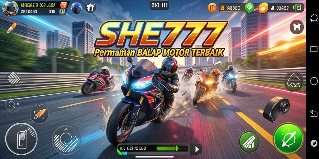 Screenshot gameplay SHE777 menampilkan balapan motor yang mendebarkan.