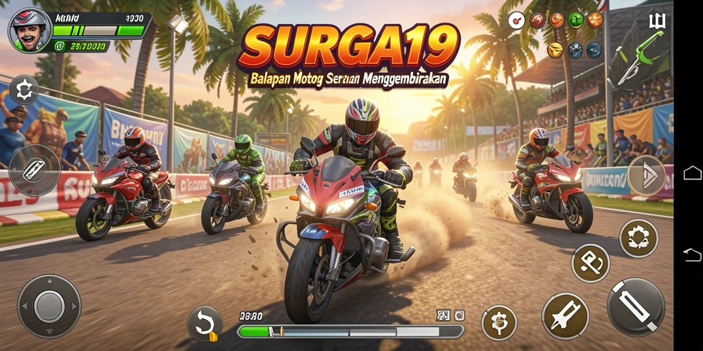 Gameplay seru dari SURGA19 dengan aksi balapan motor yang intens.